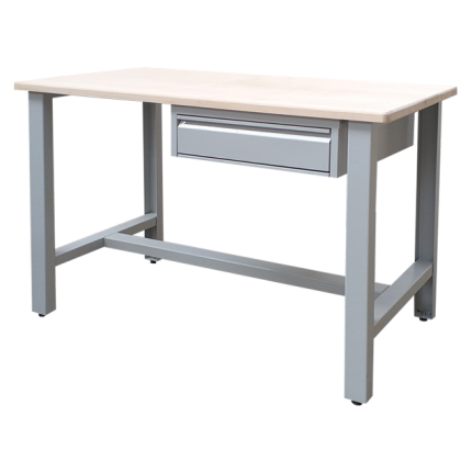 Banc de lucru metalic CS1 cu un sertar și blat din lemn masiv 1200 × 600 mm
