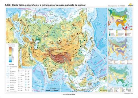 Asia: Harta fizico-geografică şi a principalelor resurse naturale de subsol - 1600x1200 mm