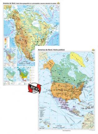 America de Nord: Harta fizico-geografică şi a principalelor resurse naturale de subsol + America de Nord: Harta politica - DUO PLUS -1600x1200 mm