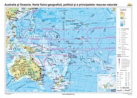 Australia şi Oceania: Harta fizico-geografică, politică şi a principalelor resurse naturale -1600x1200 mm